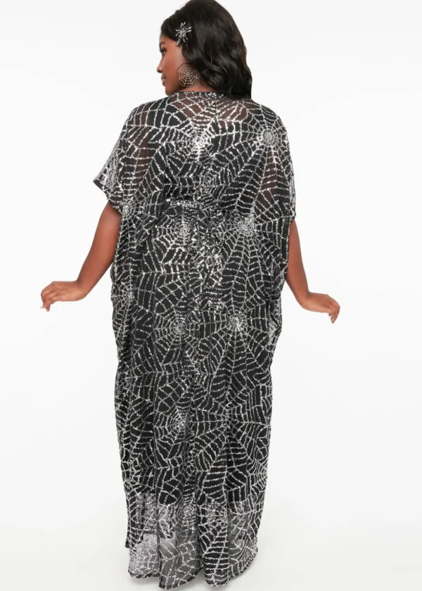 Unique Vintage Burton Spiderweb Sequin Caftan Maxi Dress Black Silver