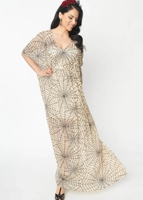 Unique Vintage Burton Spiderweb Sequin 20's Caftan Maxi Dress Nude