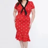 Unique Vintage Carmen Polkadot 50's Wiggle Pencil Dress Red