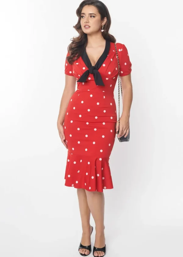 Unique Vintage Carmen Polkadot 50's Wiggle Pencil Dress Red