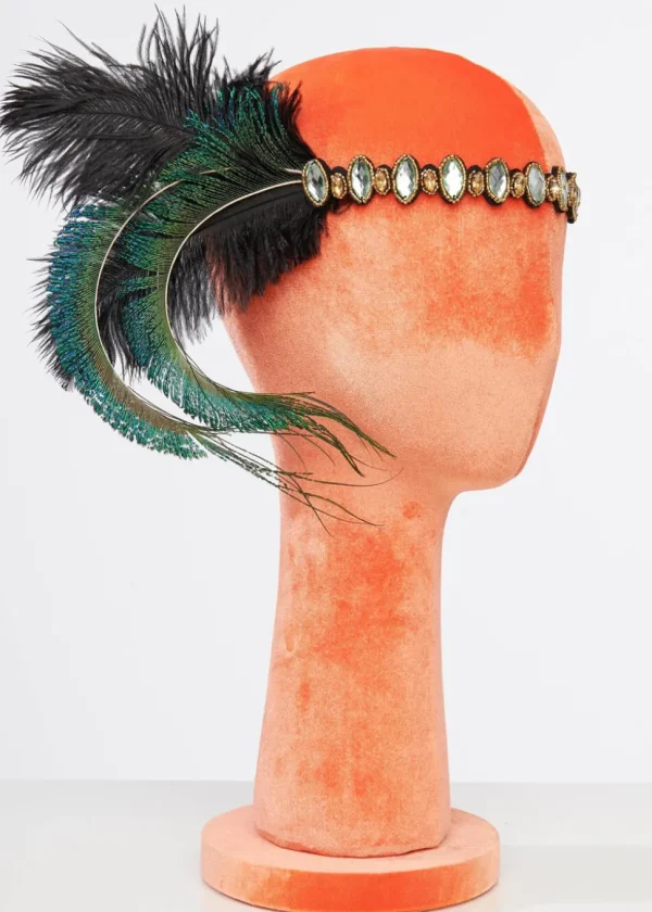 Unique Vintage Flapper Peacock Feather Headband Emerald Silver