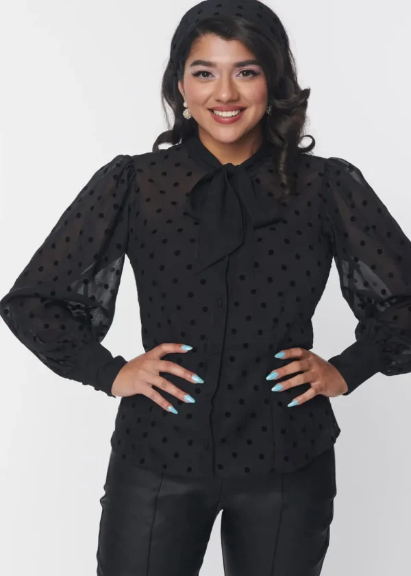 Unique Vintage Gwen Flocked Polkadot 40's Blouse Black