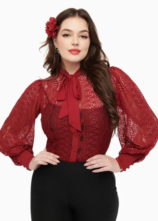 Unique Vintage Gwen Lace 40's Blouse Burgundy Red