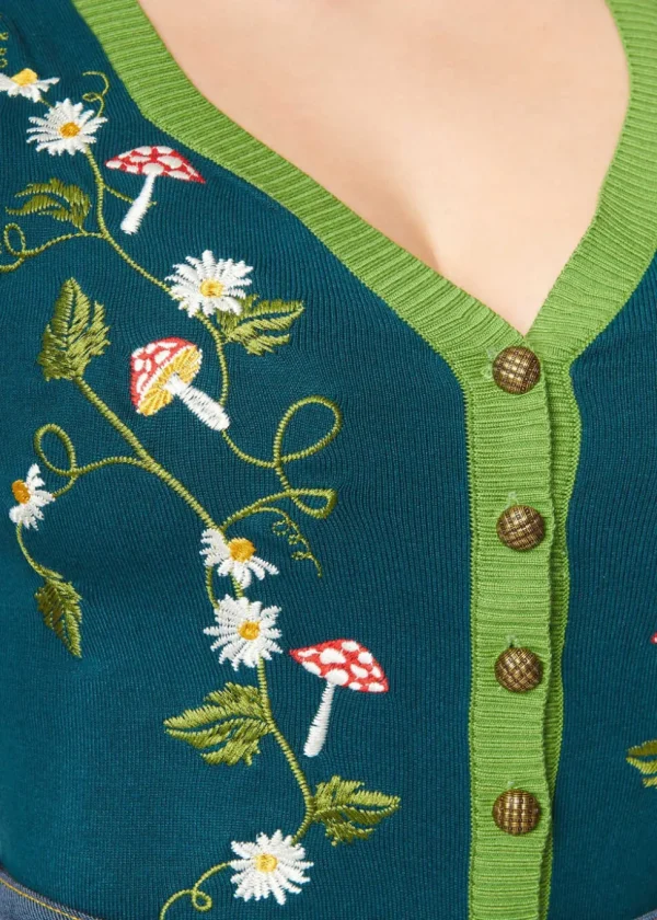 Unique Vintage Mushroom & Daisy 40's Cardigan Teal Green
