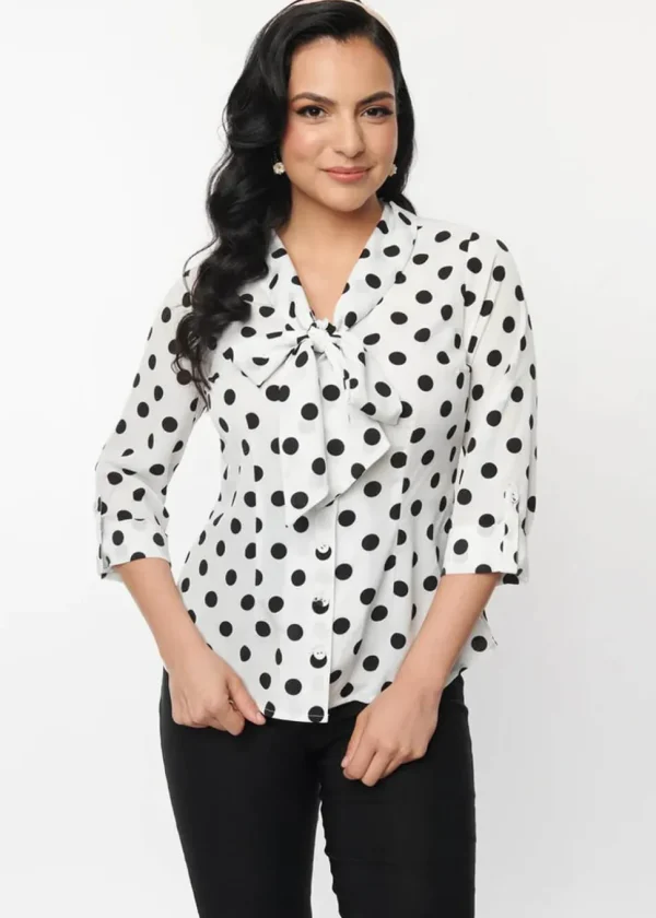 Unique Vintage Olivia Sheer Polkadot 50's Blouse White