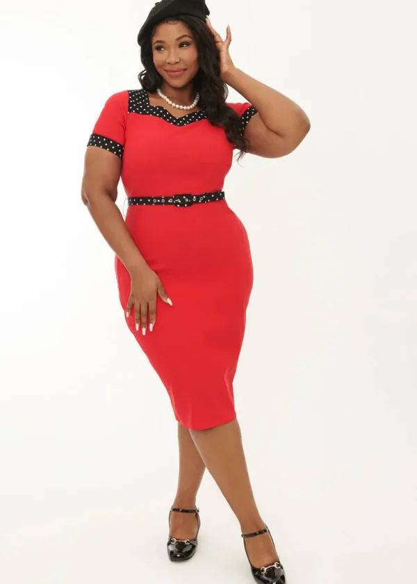Unique Vintage Rachel Polkadot 50's Wiggle Pencil Dress Red
