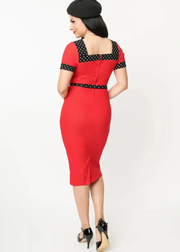 Unique Vintage Rachel Polkadot 50's Wiggle Pencil Dress Red
