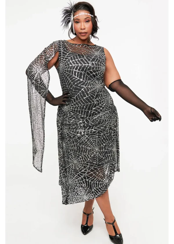 Unique Vintage Sequin Spiderweb '20's Flapper Dress Black Silver