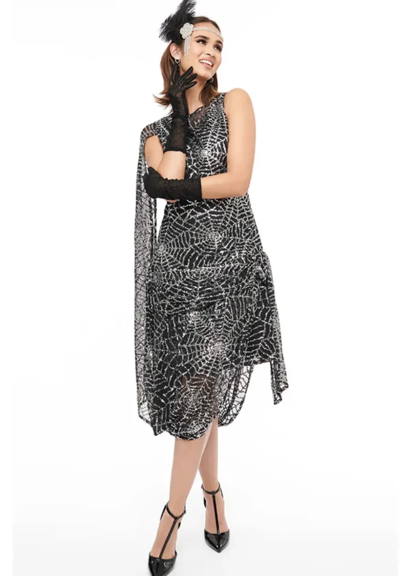 Unique Vintage Sequin Spiderweb '20's Flapper Dress Black Silver