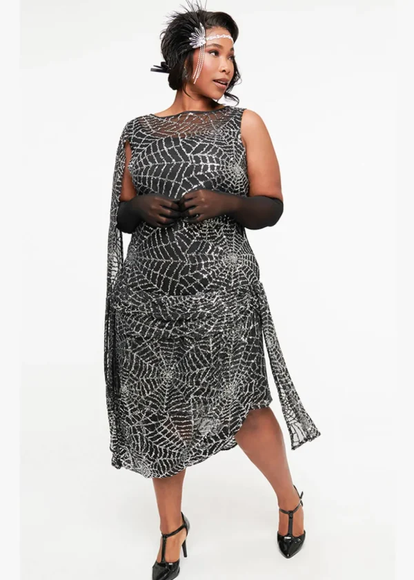 Unique Vintage Sequin Spiderweb '20's Flapper Dress Black Silver