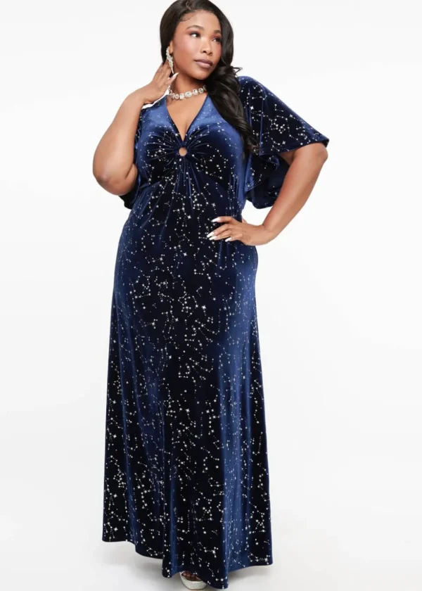 Unique Vintage Smak Parlour Celestial Stars Velvet 70's Maxi Dress Blue