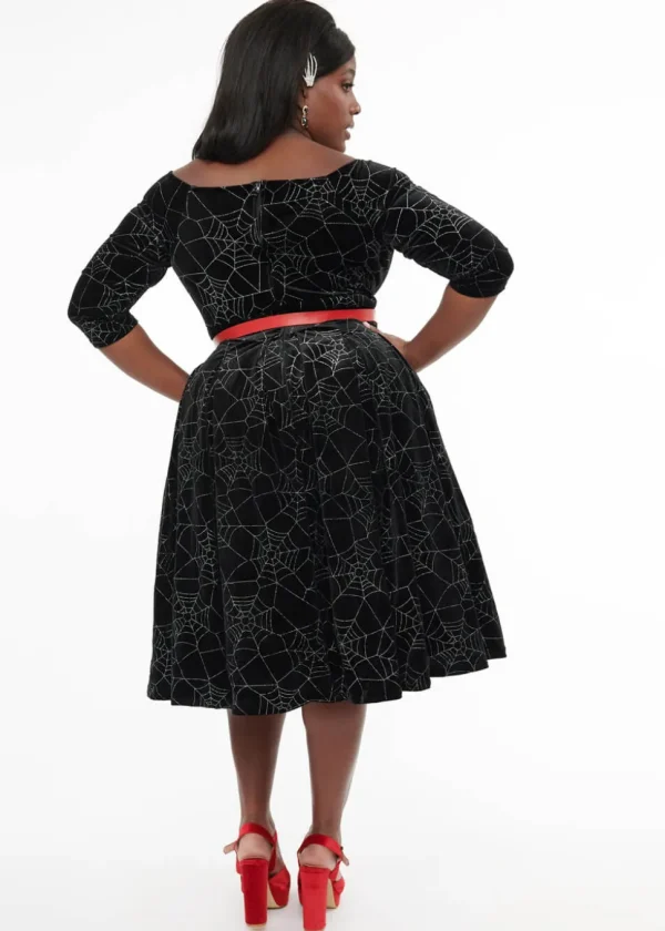 Unique Vintage Spiderweb Glitter Velvet 50's Swing Dress Black