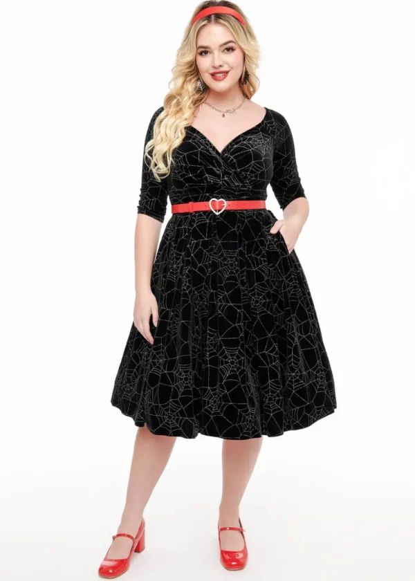 Unique Vintage Spiderweb Glitter Velvet 50's Swing Dress Black
