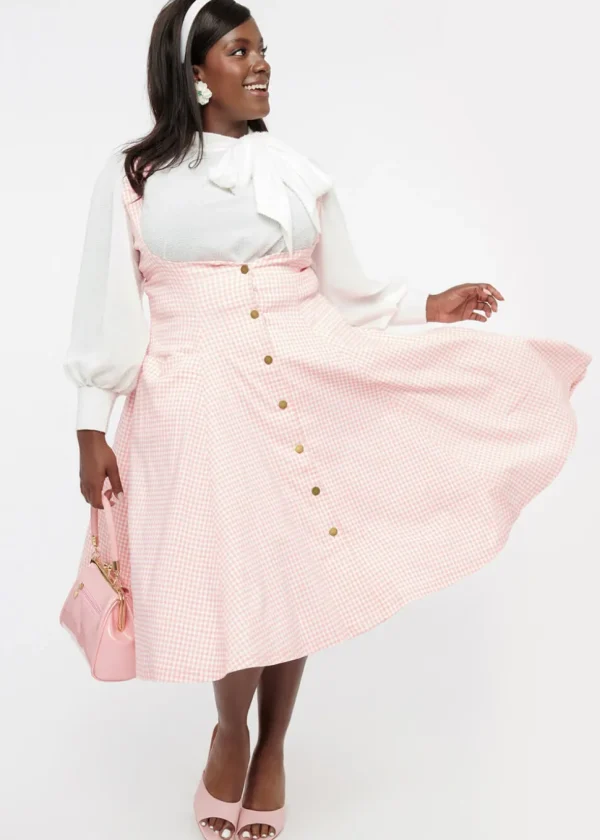 Unique Vintage Suspender Gingham 60's Swing Skirt Pink White