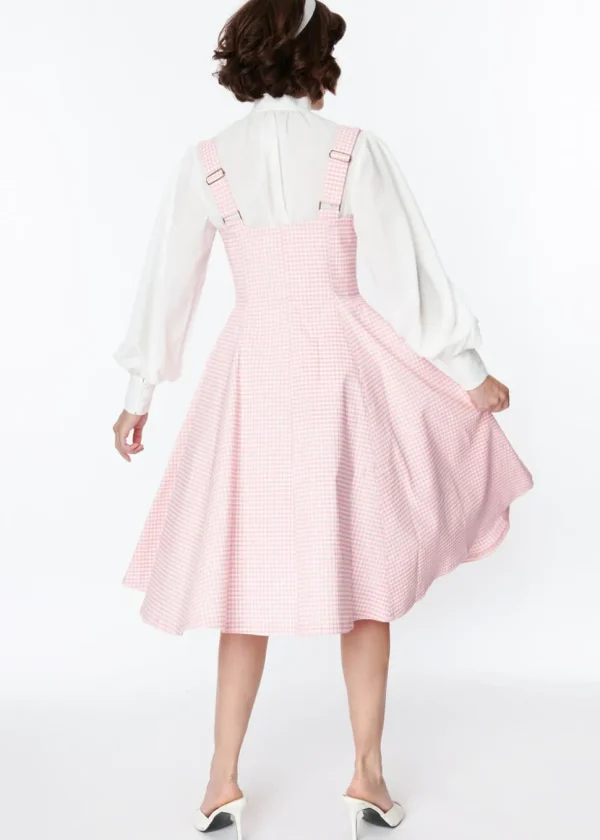 Unique Vintage Suspender Gingham 60's Swing Skirt Pink White