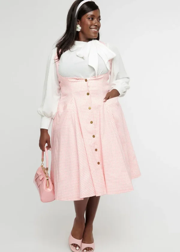 Unique Vintage Suspender Gingham 60's Swing Skirt Pink White