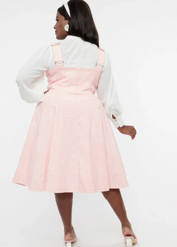 Unique Vintage Suspender Gingham 60's Swing Skirt Pink White