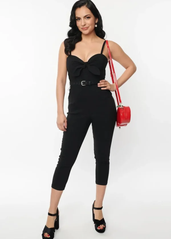 Unique Vintage Sweetheart Tie Cropped 50's Jumpsuit Black