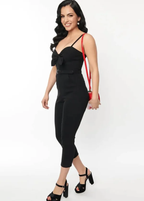 Unique Vintage Sweetheart Tie Cropped 50's Jumpsuit Black