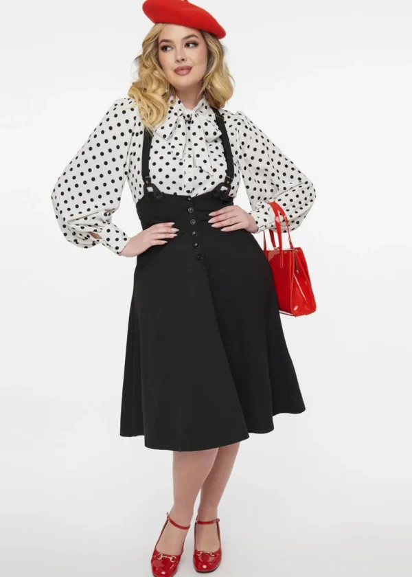Unique Vintage Thelma High Waist Suspender Swing Skirt Black