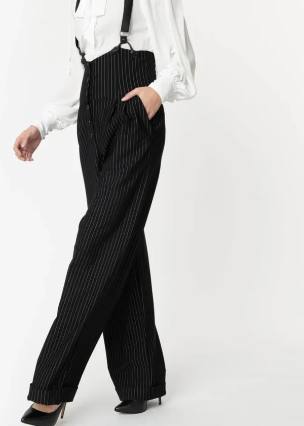 Unique Vintage Thelma Pinstripe 40's Trousers With Suspenders Black White