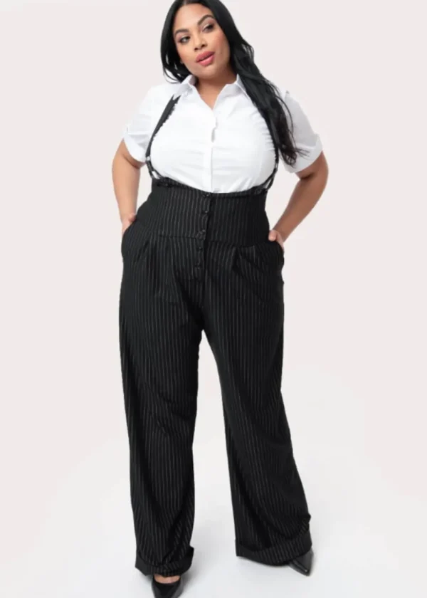Unique Vintage Thelma Pinstripe 40's Trousers With Suspenders Black White