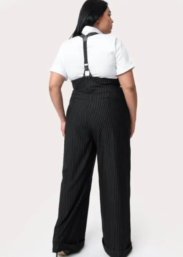 Unique Vintage Thelma Pinstripe 40's Trousers With Suspenders Black White
