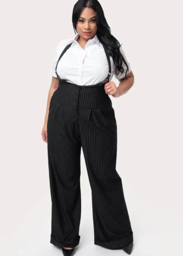 Unique Vintage Thelma Pinstripe 40's Trousers With Suspenders Black White