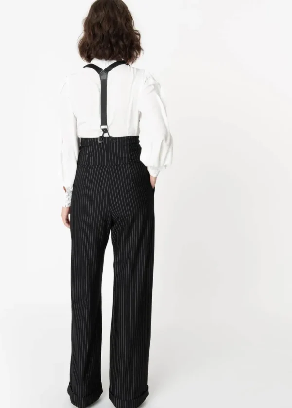 Unique Vintage Thelma Pinstripe 40's Trousers With Suspenders Black White