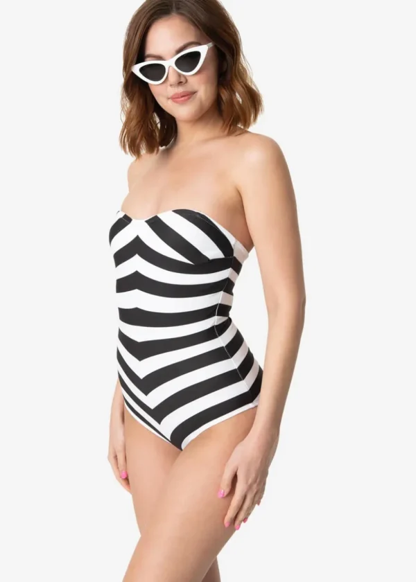 Unique Vintage x Barbie Chevron Stripe 50's Bathingsuit Black White