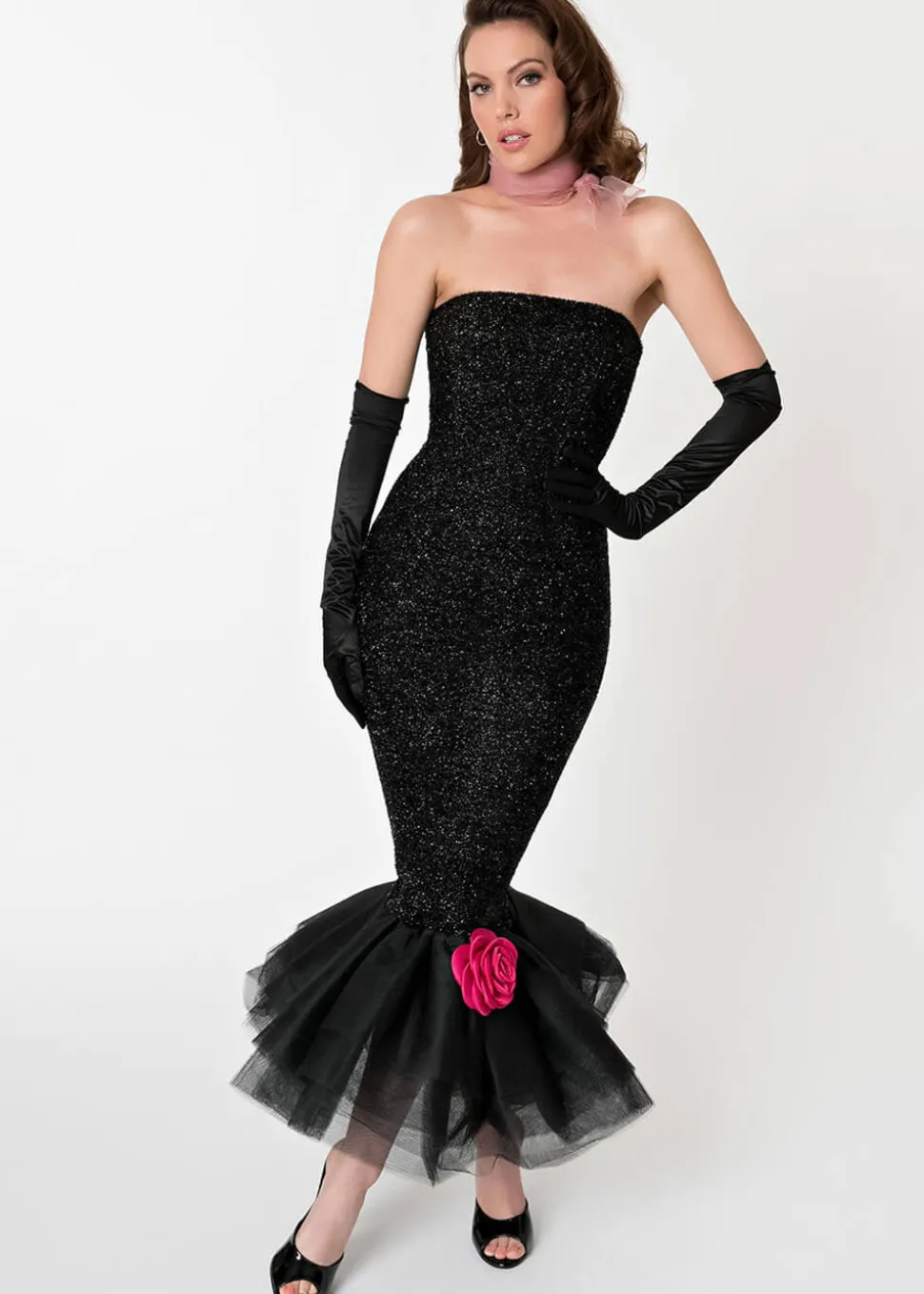 Unique Vintage x Barbie Solo In The Spotlight Strapless Wiggle Dress Black