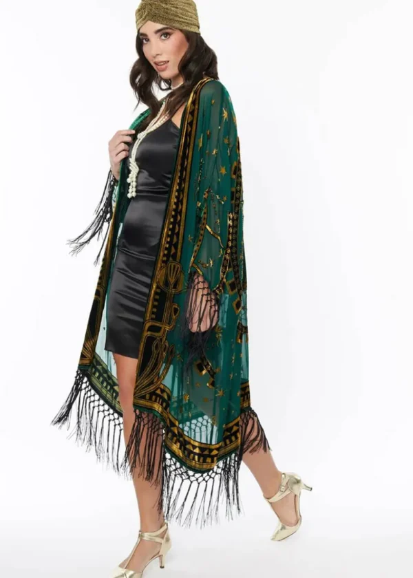 Unique Vintage Zodiac Fringe 20's Kimono Green