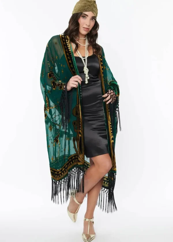 Unique Vintage Zodiac Fringe 20's Kimono Green