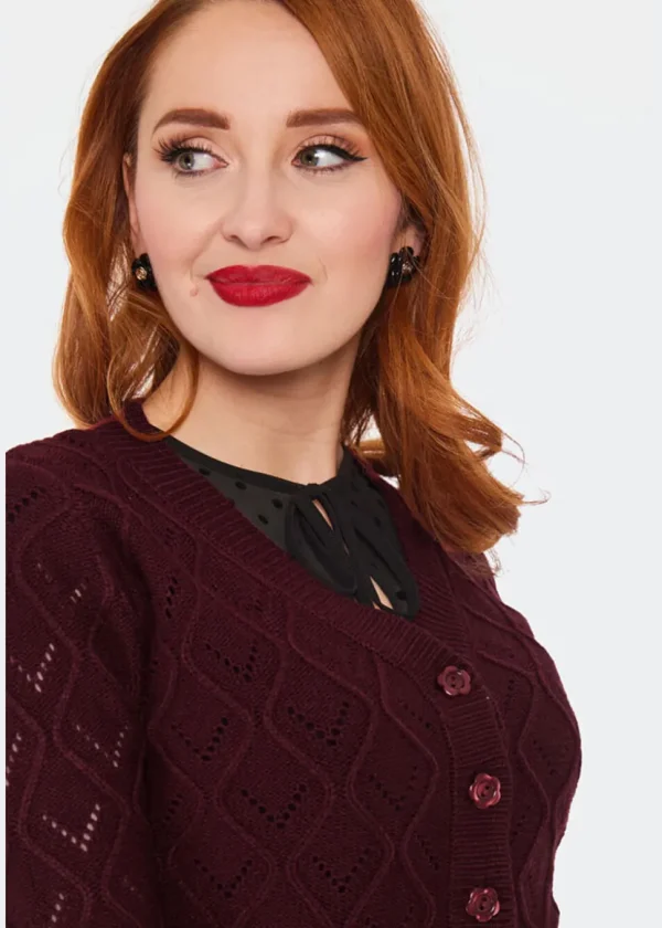 Voodoo Vixen Flower Button 50's Cardigan Burgundy Red