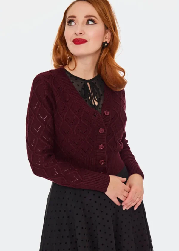 Voodoo Vixen Flower Button 50's Cardigan Burgundy Red