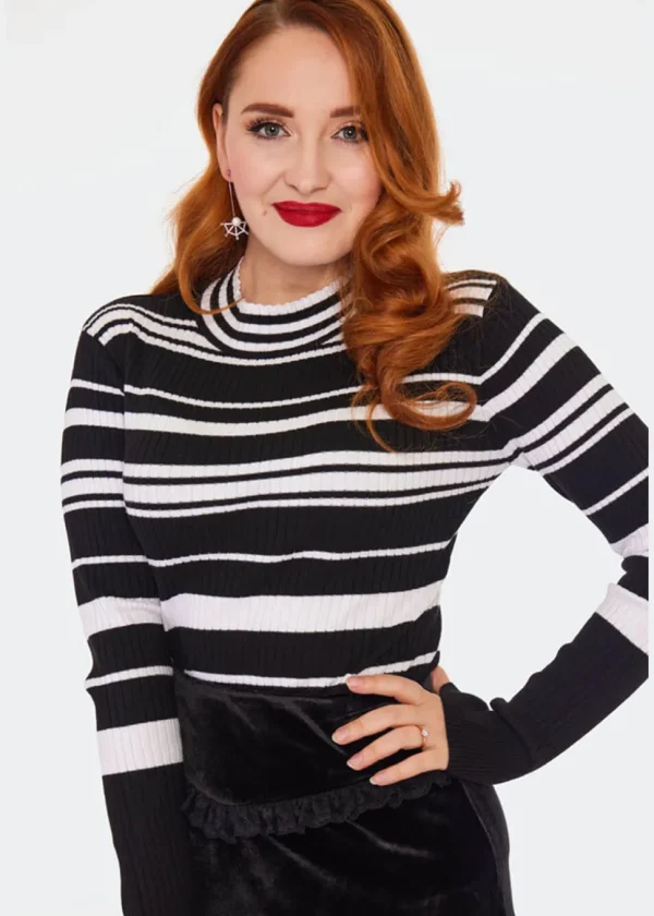 Voodoo Vixen High Neck Stripe 70's Sweater Black White