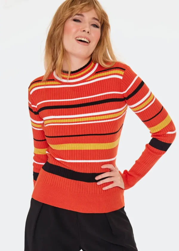 Voodoo Vixen High Neck Stripe 70's Sweater Orange