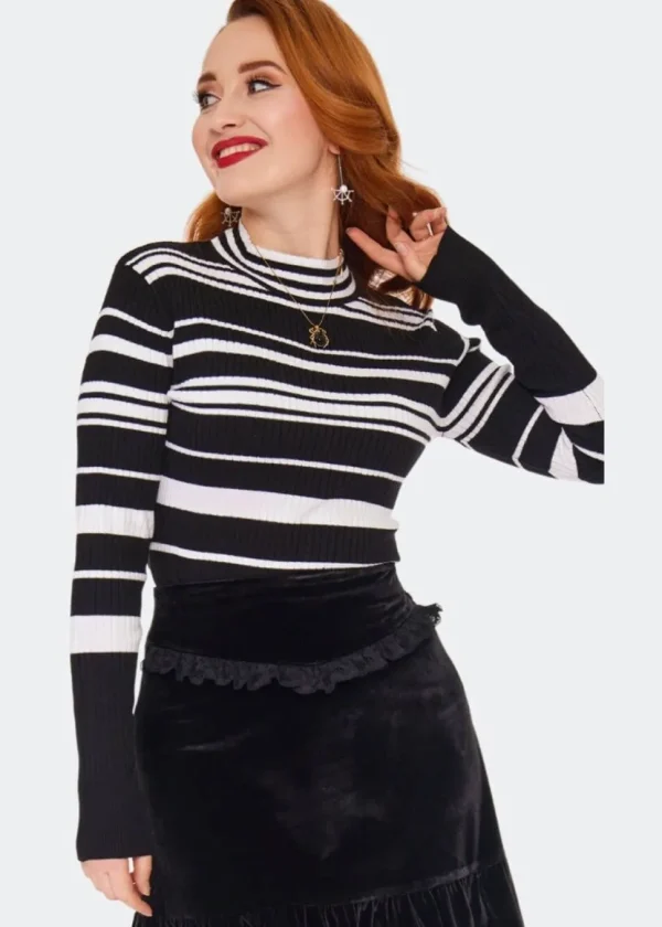 Voodoo Vixen High Neck Stripe 70's Sweater Black White