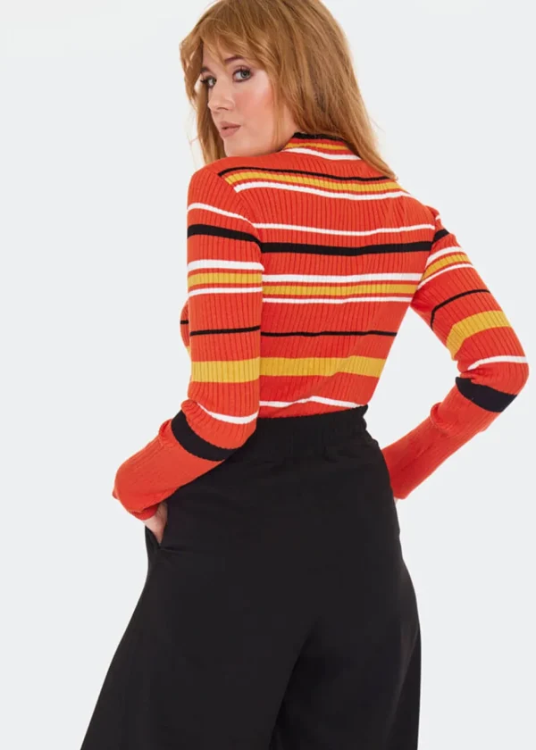 Voodoo Vixen High Neck Stripe 70's Sweater Orange