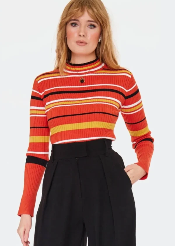 Voodoo Vixen High Neck Stripe 70's Sweater Orange