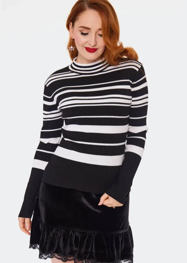 Voodoo Vixen High Neck Stripe 70's Sweater Black White