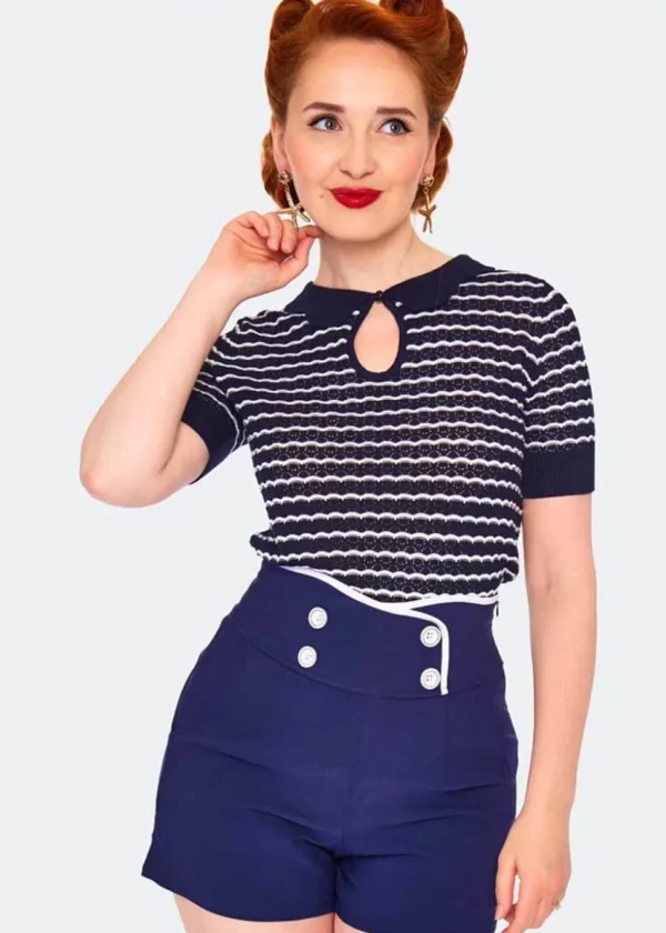 Voodoo Vixen Scallop Stripe 40's Top Blue