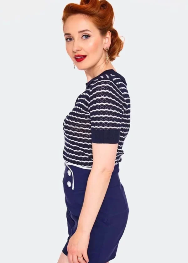 Voodoo Vixen Scallop Stripe 40's Top Blue