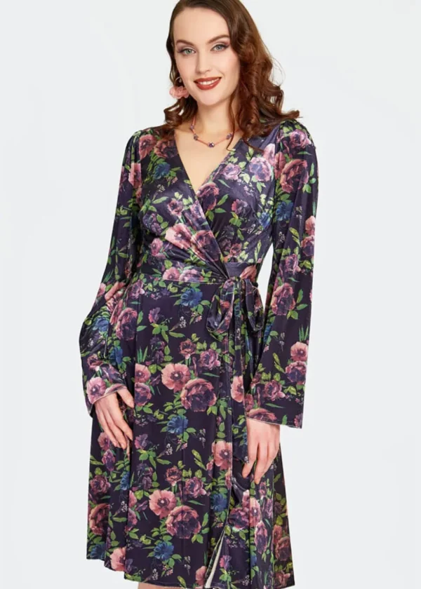 Voodoo Vixen Secret Garden Velvet Floral 70's Wrap Dress Navy