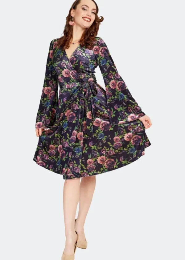 Voodoo Vixen Secret Garden Velvet Floral 70's Wrap Dress Navy