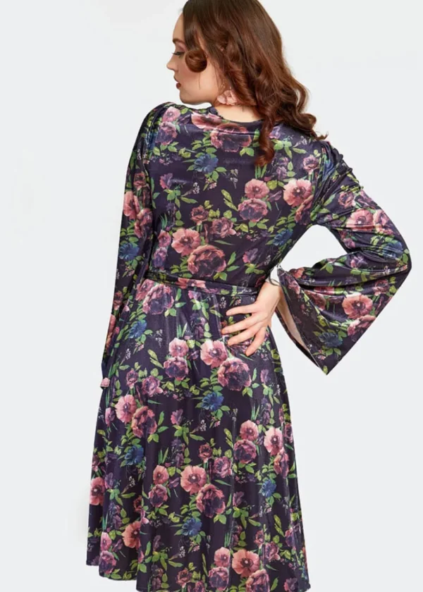 Voodoo Vixen Secret Garden Velvet Floral 70's Wrap Dress Navy