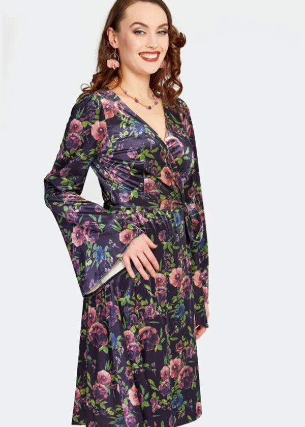 Voodoo Vixen Secret Garden Velvet Floral 70's Wrap Dress Navy