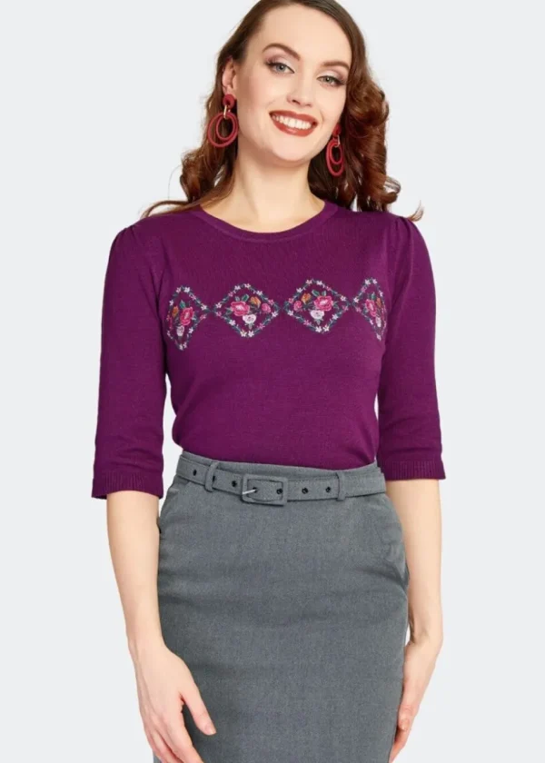 Voodoo Vixen Tea Party Floral 40's Sweater Purple