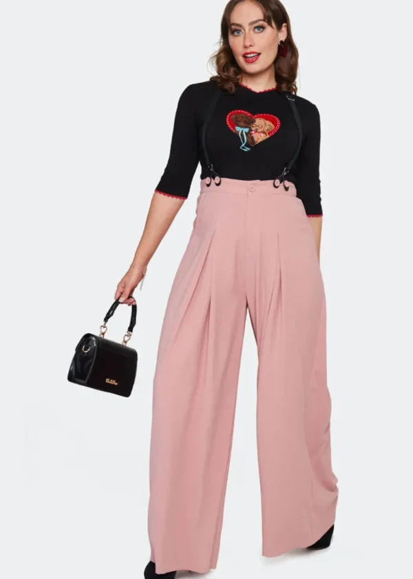 Voodoo Vixen Wide Leg Suspenders Trousers Mauve