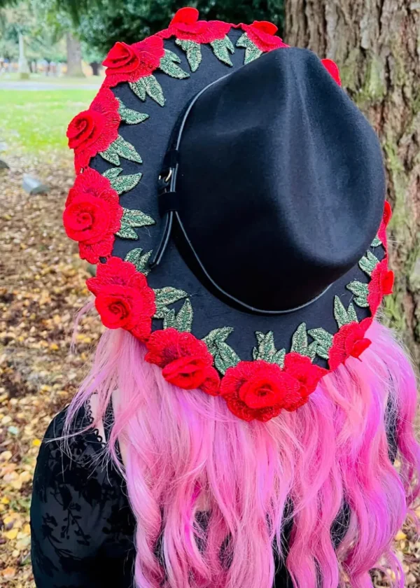 Witchwood Mourning Red Roses Vegan Felt Hat Black